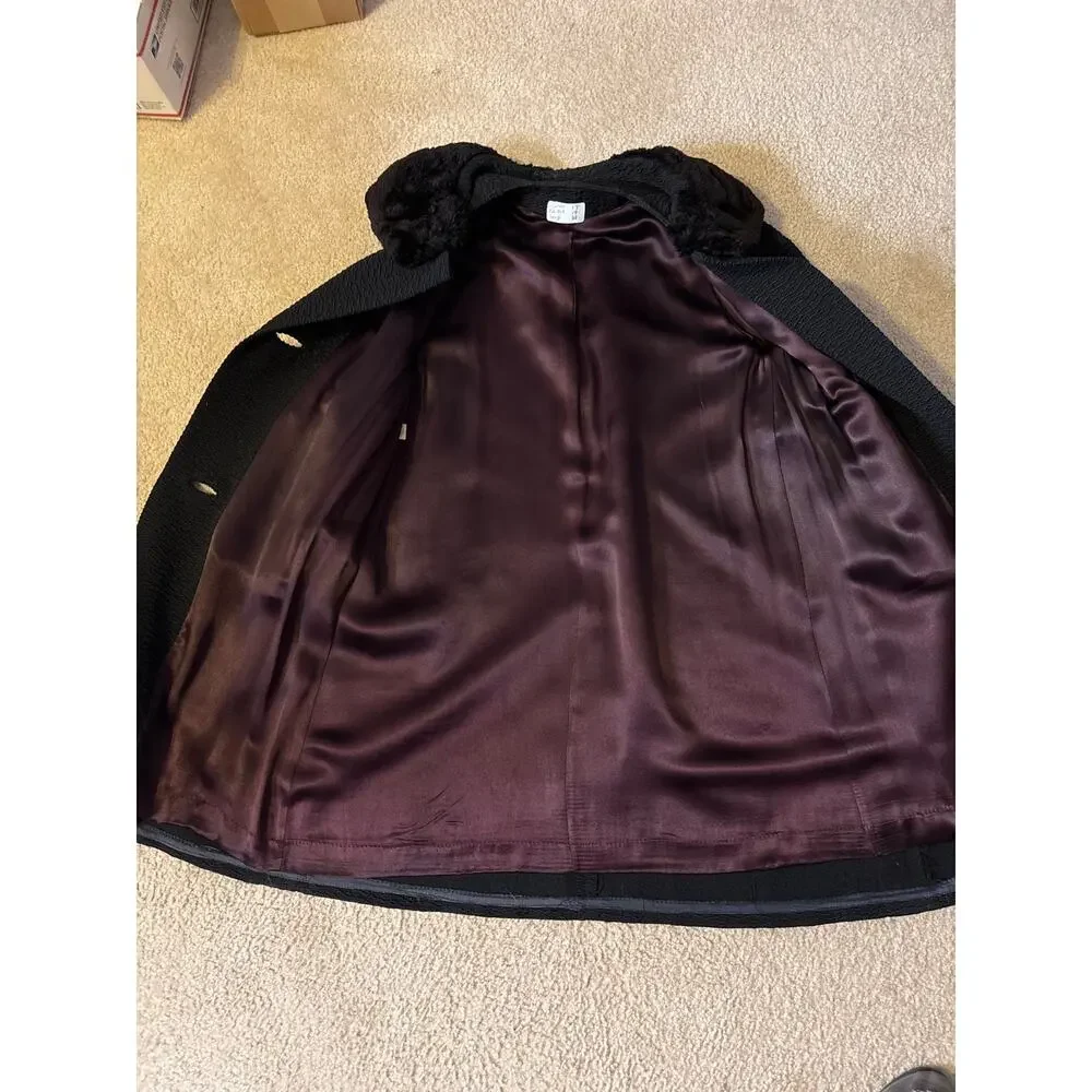 1950’s Women’s 2 Button Faux Fur Collar Long Winter Coat Fancy Black Medium